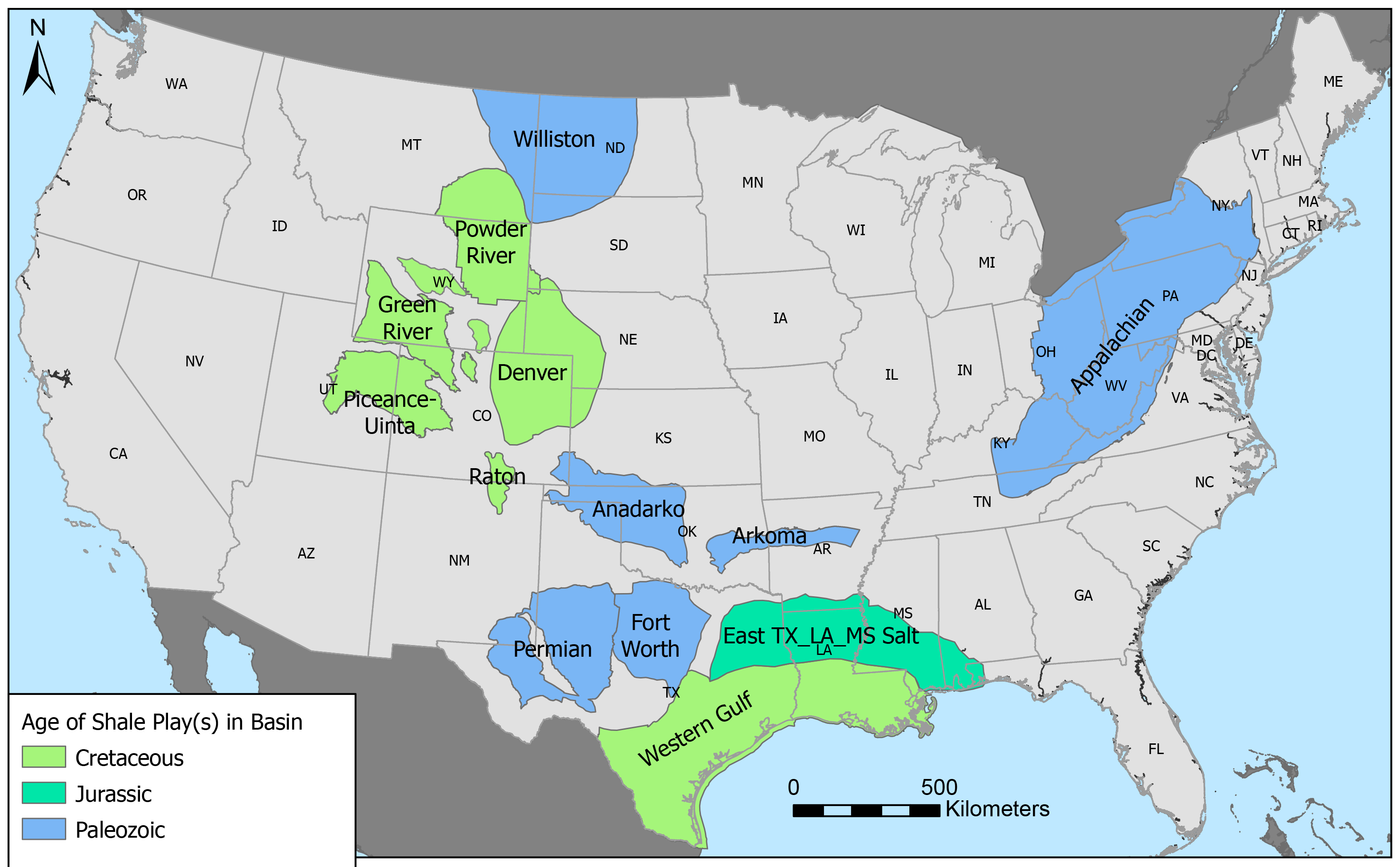 Distribution of basins hosting major shale plays in U.S.